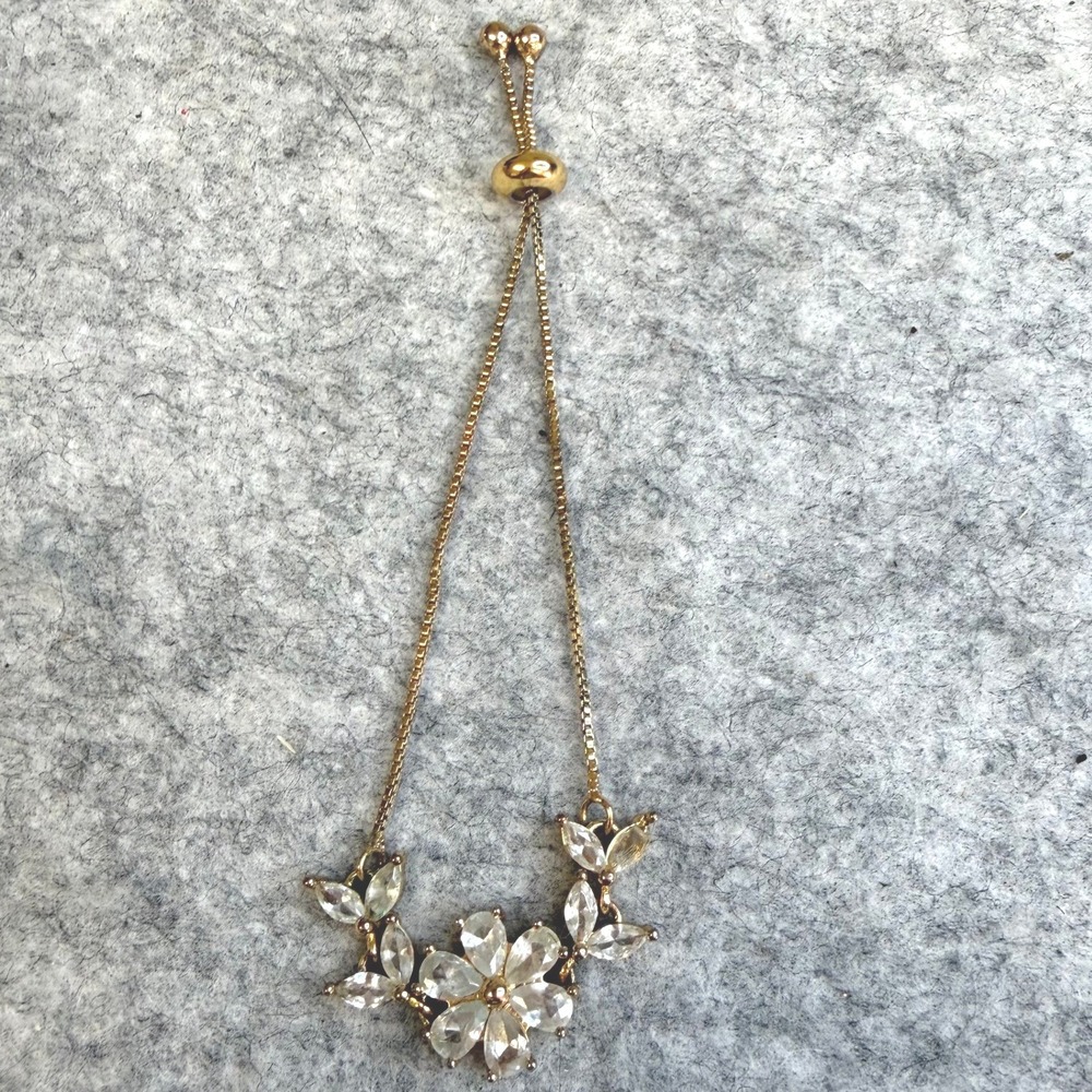 Gold Tone Crystal Flower Bolo Bracelet Adjustable Box Chain Clear Rhinestone